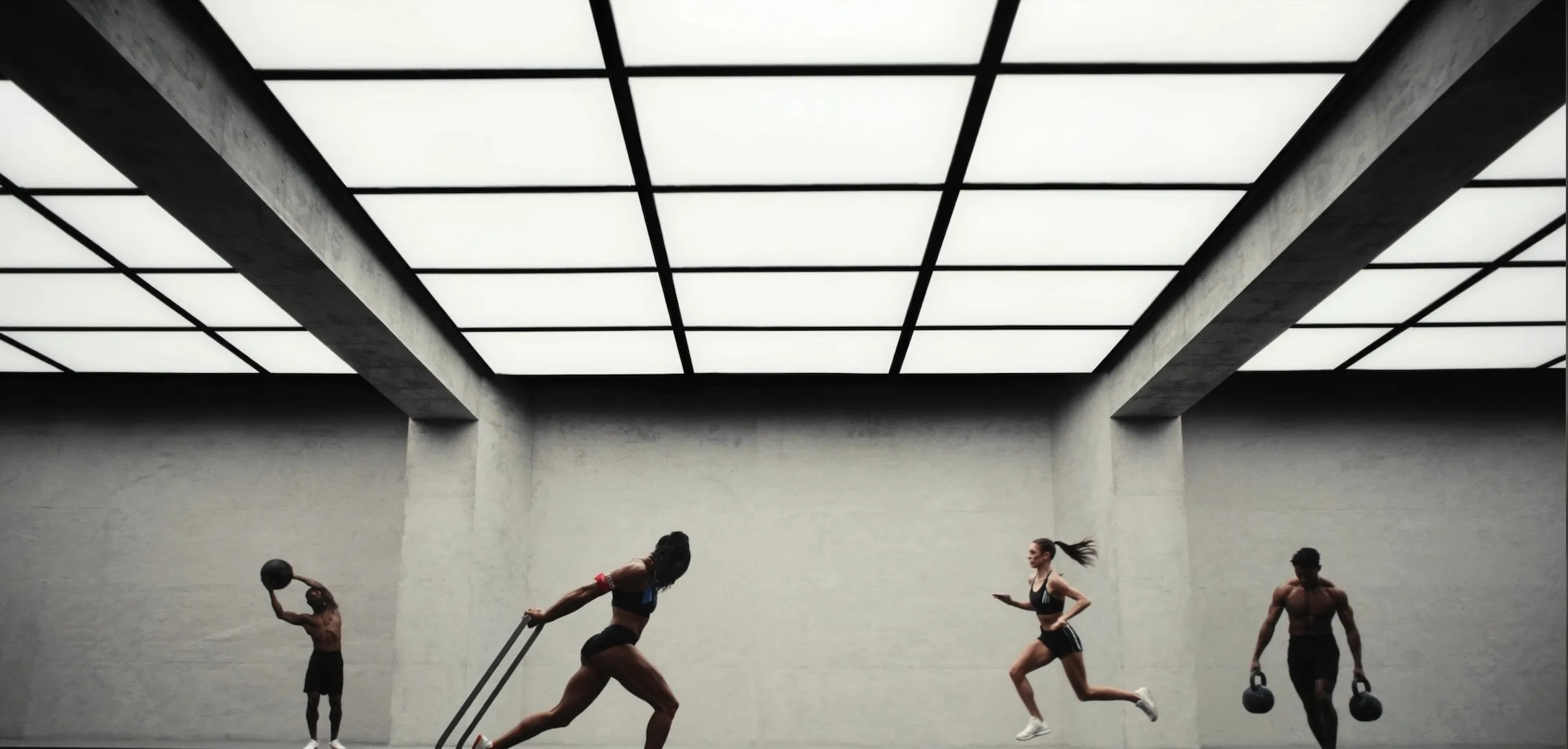 Four athletes training under a lit ceiling grid in a concrete studio